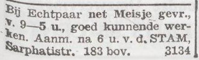 Advertentie van het echtpaar Flora en Heyman van der Stam