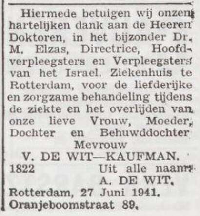 Dankbetuiging van de familie De Wit