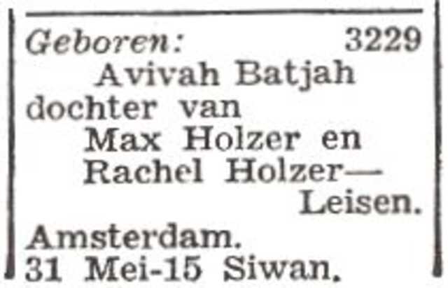 Vermelding van de geboorte van Avivah Batjah Holzer