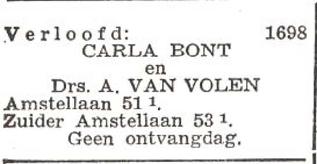 Vermelding van de verloving van Abraham van Volen en Carla Bont