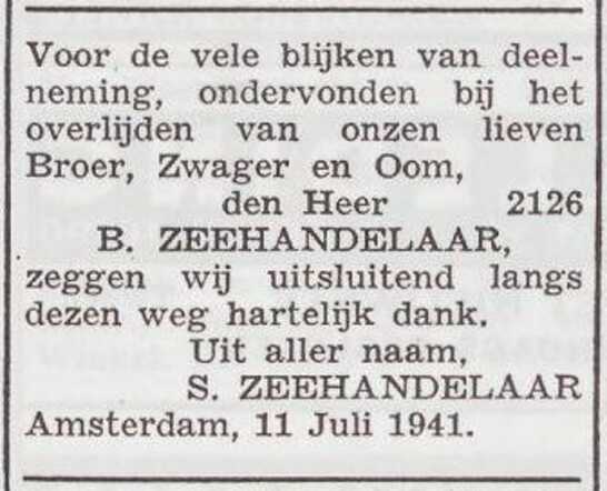 Dankbetuiging van de familie Zeehandelaar