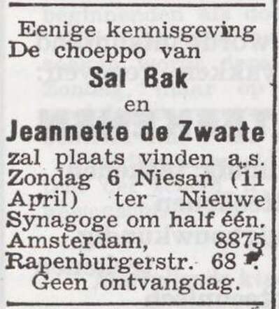 Aankondiging van de huwelijksinzegening van Salomon Bak en Jeannette de Zwarte