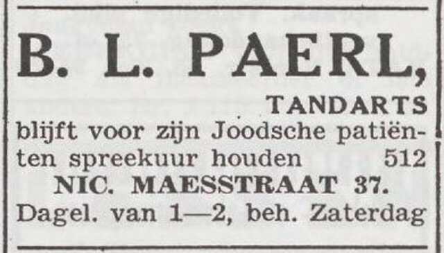 Advertentie van tandarts Barend Lion Paerl