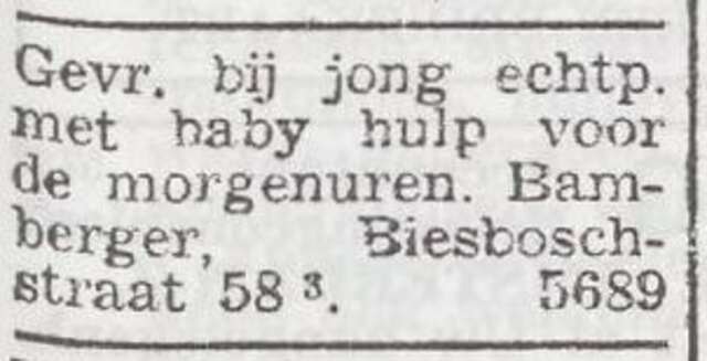 Advertentie van Jeannette Sophie Bamberger-Goldsteen
