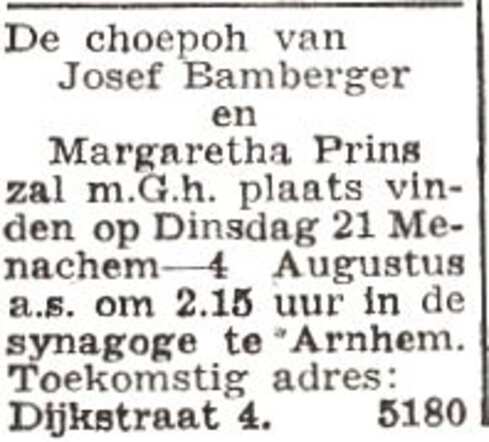 Bekendmaking van de huwelijksinzegening van Josef Bamberger en Margaretha Prins
