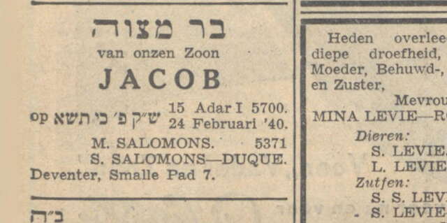 Bar Mitswa Jacob Salomons in NIW 16-2-1940