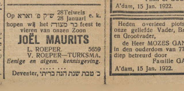 Bar Mitswa Joel Roeper in NIW 20-1-1922