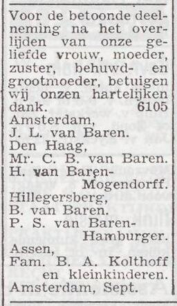 Dankbetuiging van de familie van Baren