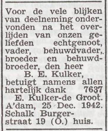 Dankbetuiging van de familie Kulker