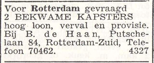 Advertentie van kapper Barend de Haan