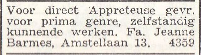 Advertentie van de firma Jeanne Barmes