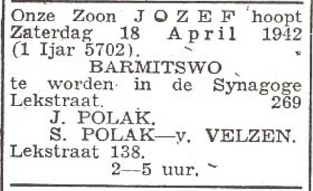 Aankondiging van de bar mitswa van Jozef Polak