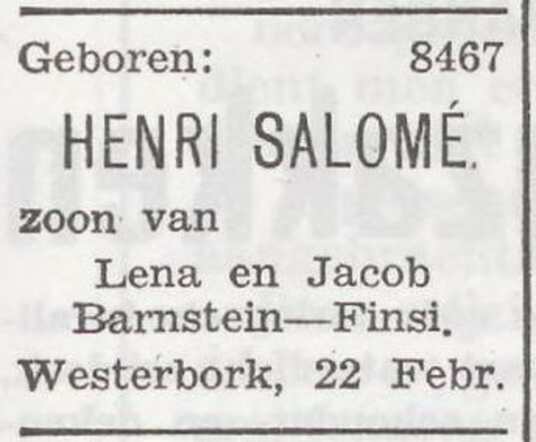 Bekendmaking van de geboorte van Henri Salomé Barnstein