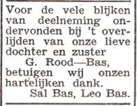 Dankbetuiging van de familie Bas