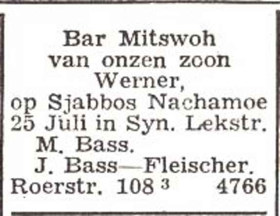 Bekendmaking van de bar mitswa van Werner Basz