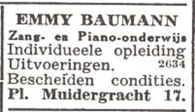 Advertentie van muzieklerares Emilie Baumann-Göttinger