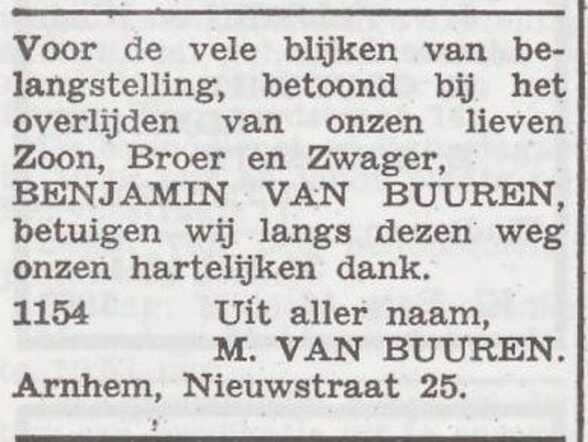 Dankbetuiging van de familie Van Buuren