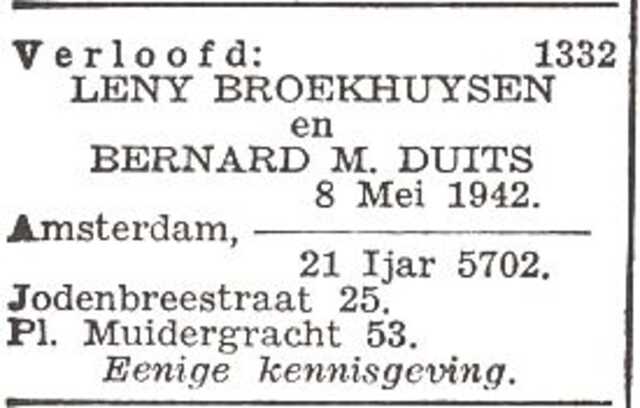 Aankondiging van de verloving van Bernard Meijer Duits en Leny Broekhuysen
