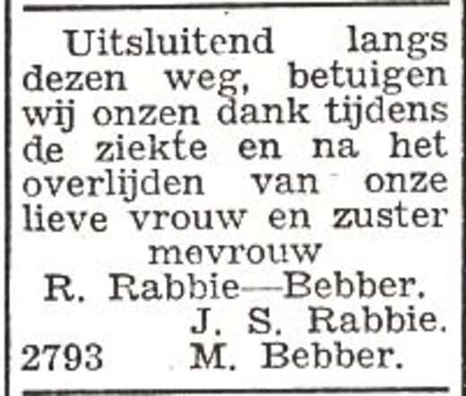 Dankbetuiging van de familie Rabbie-Bebber