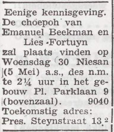 Aankondiging van de huwelijksinzegening van Emanuel Beekman en Elisabeth Fortuijn