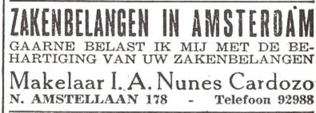 Advertentie van Isaac Abraham Nunes Cardozo