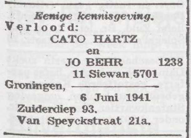 Bekendmaking van de verloving van Jozef Behr en Cato Härtz