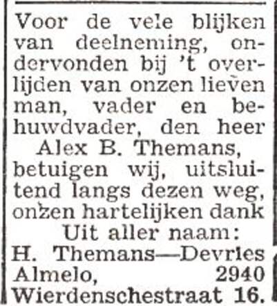 Dankbetuiging van de familie Themans-Devries