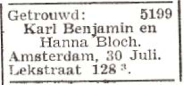 Bekendmaking van het huwelijk van Karl Benjamin en Hanna Bloch