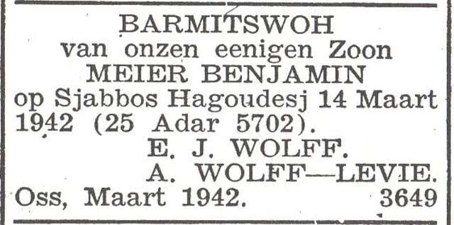 Aankondiging van de bar mitswa van Meier Benjamin Wolff