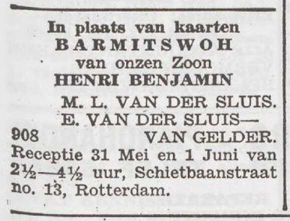 Aankondiging van de bar mitswa van Henri Benjamin van der Sluis