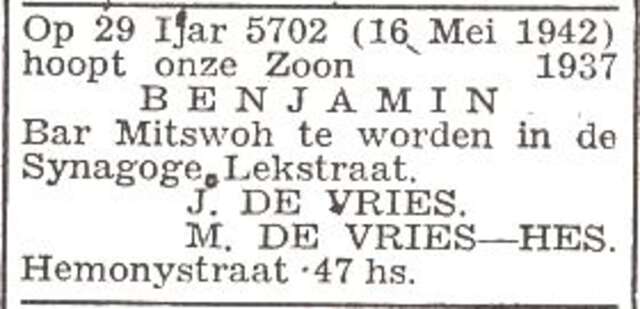Aankondiging van de bar mitswa van Benjamin de Vries