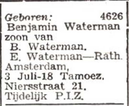 Vermelding van de geboorte van Benjamin Waterman
