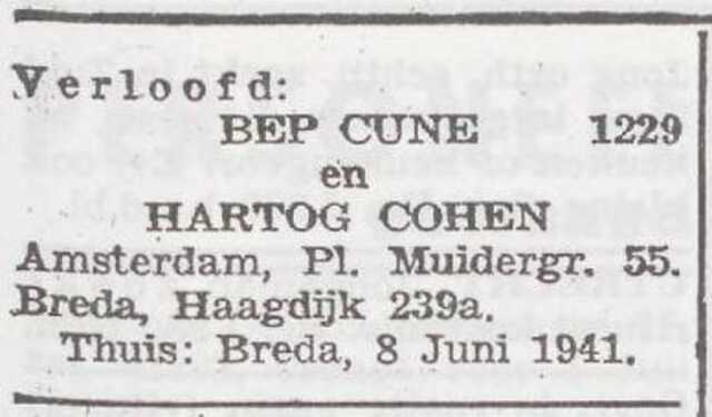 Bekendmaking van de verloving van Hartog Cohen en Elisabeth Jetje Cune