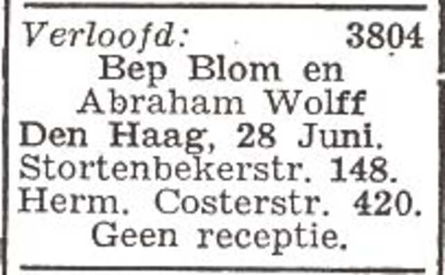 Vermelding van de verloving van Betsie (Bep) Blom en Abraham Wolff