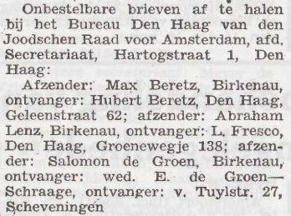 Brief van Abraham Lenz aan Levie Fresco