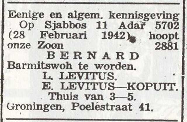 Aankondiging van de bar mitswa van Bernard Levitus