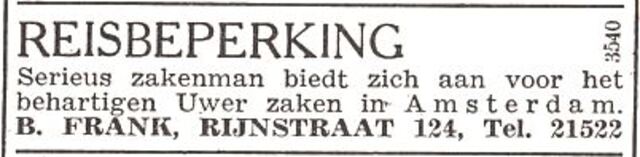 Advertentie van Bernardus Jacob Nathan Frank