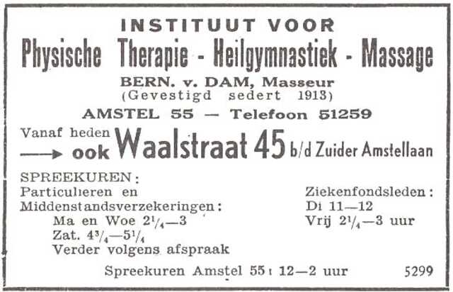 Advertentie van masseur en heilgymnast Bernard van Dam