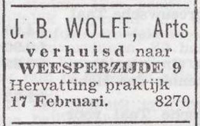 Advertentie van de arts Jacobus Bernard Wolff