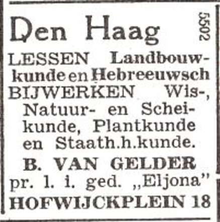 Advertentie van leraar Bernhard van Gelder