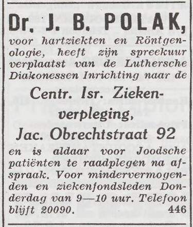 Advertentie van de arts Joseph Bernhard Polak