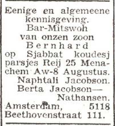 Aankondiging van de bar mitswa van Bernhard Jacobson
