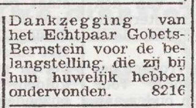 Dankbetuiging van Machiel Gobets en Gabrielle Gobets-Bernstein