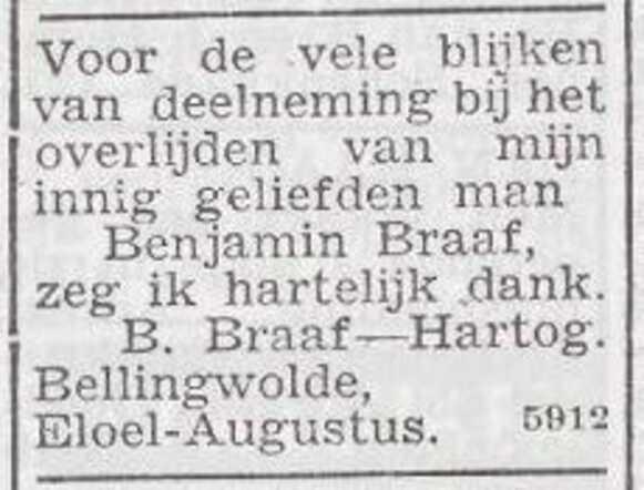 Dankbetuiging van Bertha Braaf-Hartog