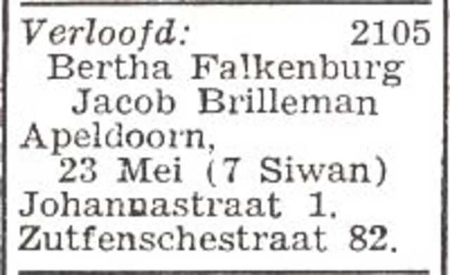 Vermelding van de verloving van Bertha Falkenburg en Jacob Brilleman