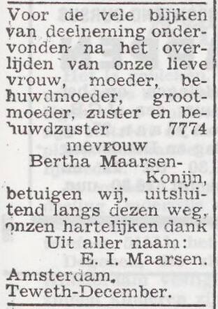 Dankbetuiging van de familie Maarsen