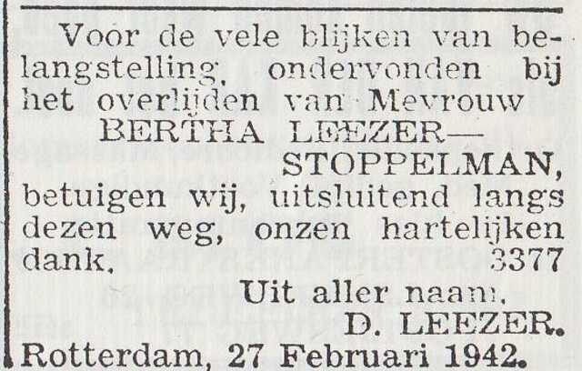 Dankbetuiging van de familie Leezer