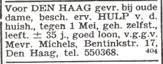 Advertentie van mw. Bertha Michels-Weinberg