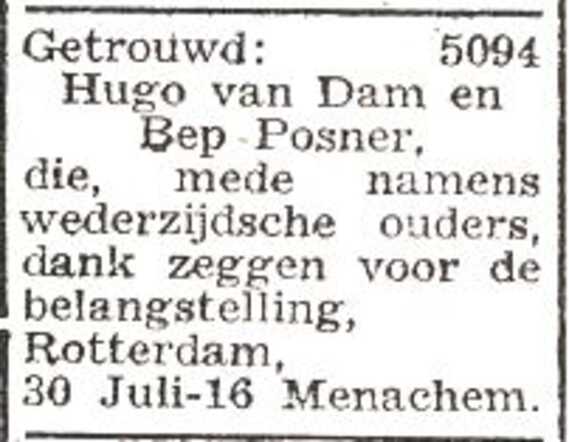 Bekendmaking van het huwelijk van Beth Posner en Hugo Julius van Dam