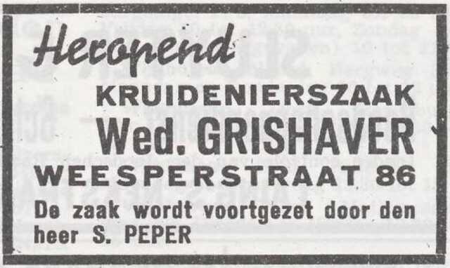 Advertentie heropening van de zaak van Betje Grishaaver-Frank